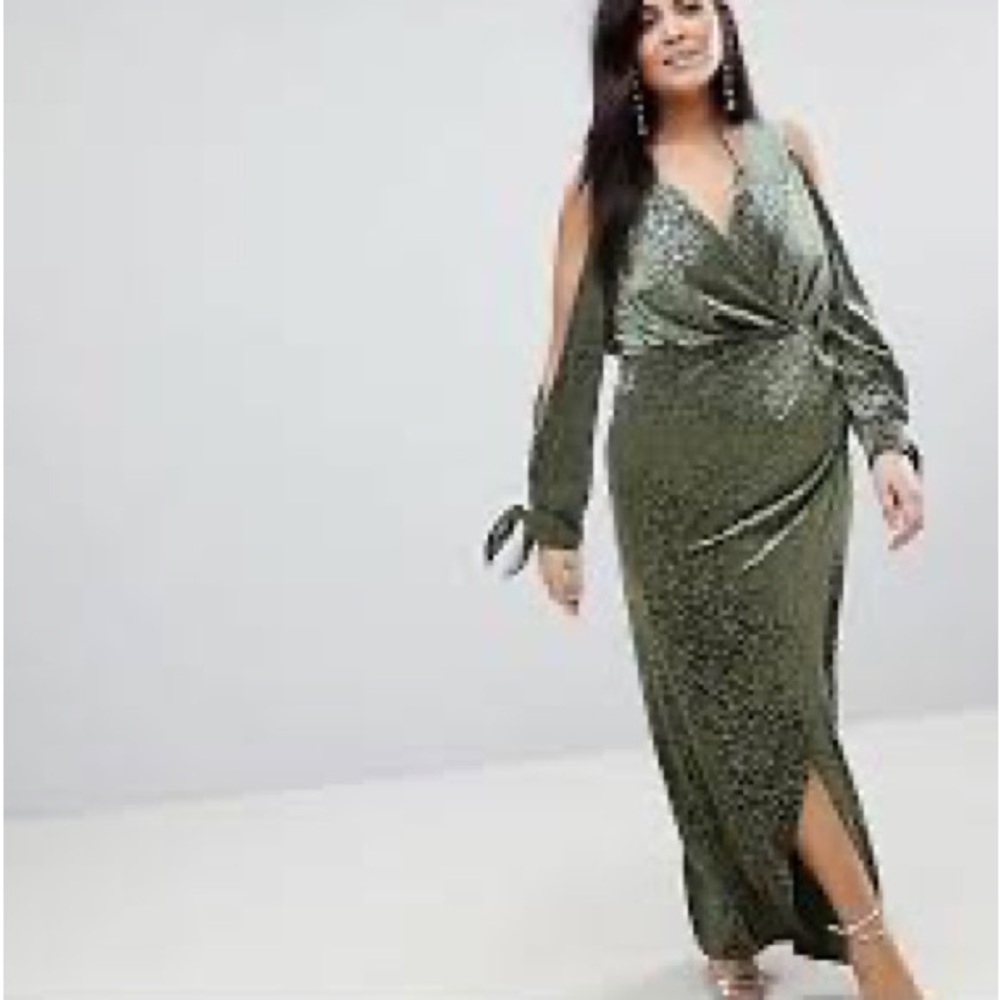 ASOS CURVE Cold Shoulder Velvet Animal Devore Maxi Dress Olive Green